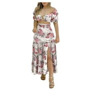 Giftesty Two Piece Outfits Women,Fashion Women Summer Froral Print Casual Short SLeeve Top+ Skirt Set