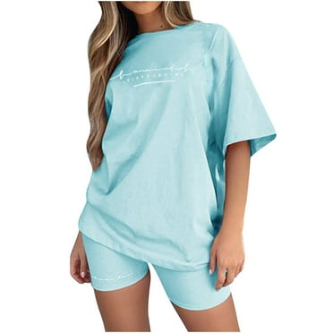 Giftesty Two Piece Outfits Women,Women Fashion Casual Summer Printing Short Sleeve O-Neck Top And Shorts Set
