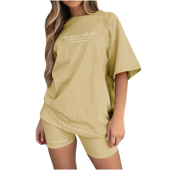 Giftesty Two Piece Outfits Women,Women Fashion Casual Summer Printing Short Sleeve O-Neck Top And Shorts Set