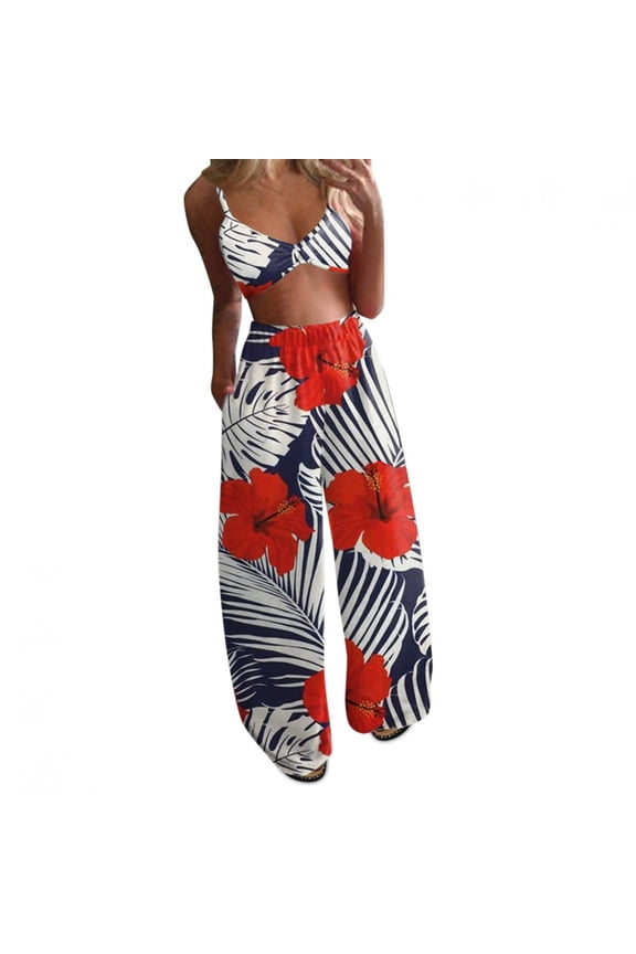 Two Piece Outfits Women,Women Summer Bohemian Floral Print Sexy Crop Tops+Pants Wide Leg 2 Piece Set