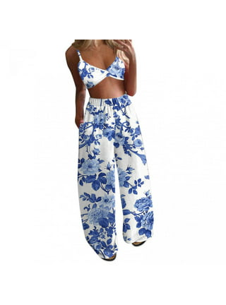 Buy Navy Blue Floral Print Co Ord Set, Crop Top And Pant Set