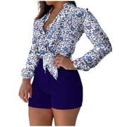Giftesty Two Piece Outfits Women,Women Two Piece Set Printed Long Sleeve V-Neck Tops Solid Short Casual Suit