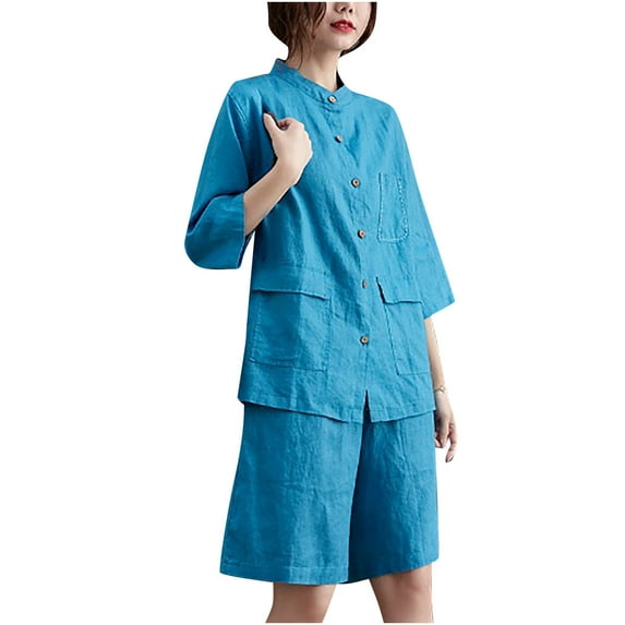 Giftesty Two Piece Outfits Women,Women's Casual Solid Color Cotton Linen Wide Leg Pants Two Piece Suit