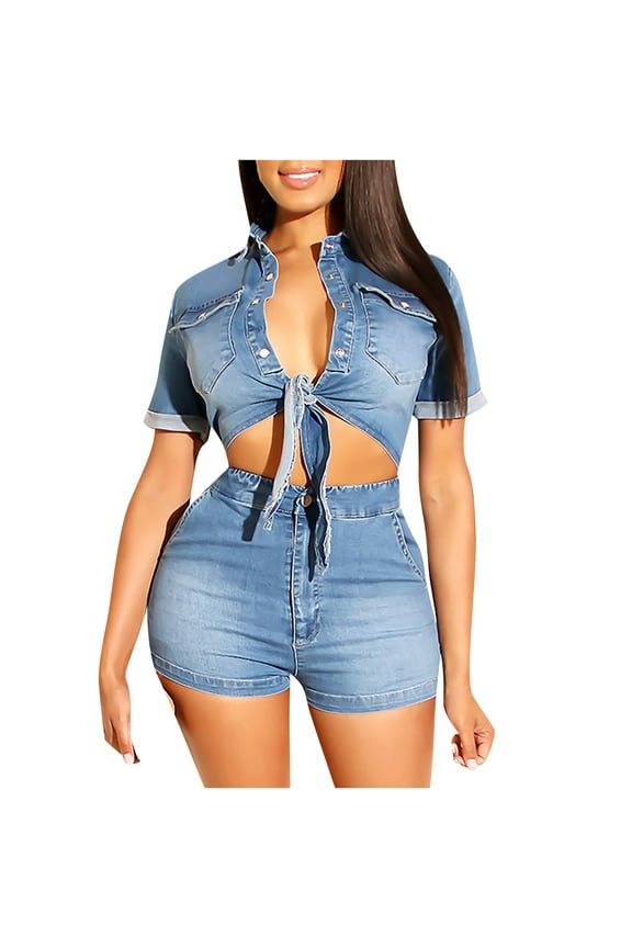 Two Piece Outfits Women,Women's Casual Two Pieces Of Jeans Shorts Jacket Suit Denim Suit