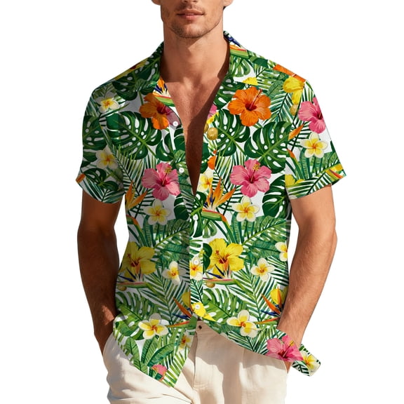 Giftesty Unisex Regular Fit Tropical Hawaiian Print Short Sleeve Button Down Collar Casual Camp Shirt