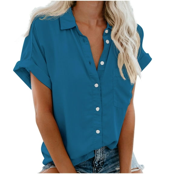 Giftesty Woman Causal Button Solid Blouse Short Sleeve T-Shirt Summer Tops