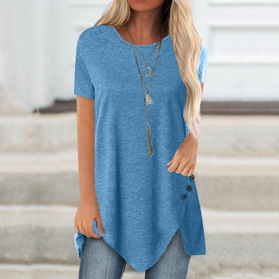 Giftesty Women Blouse Plus Size Button Solid Round Neck Short Sleeve Irregular T-shirt Tops