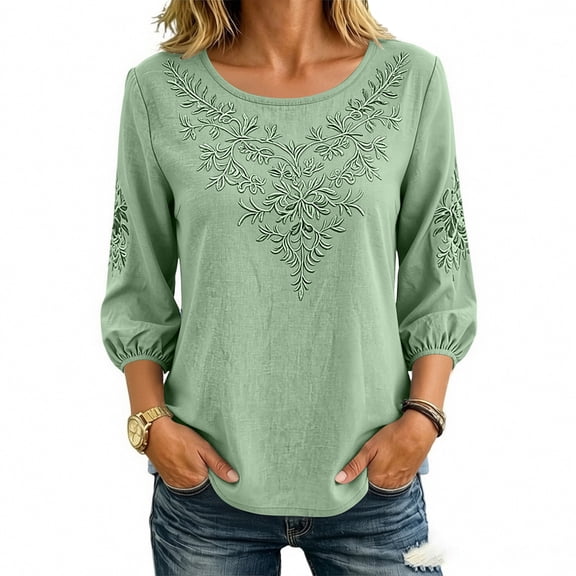 Giftesty Women Boho Floral Embroidered Cotton Linen Blouse, Round Neck 3/4 Elastic Puff Sleeve Loose Casual Solid Top