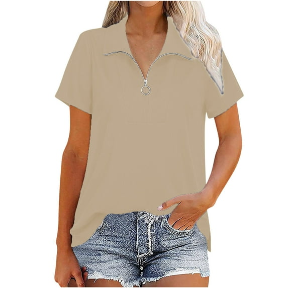 Giftesty Women Casual V-Neck Short Sleeve Solid Colour Zipper Pullover Blouse T-Shirt Tops Loose
