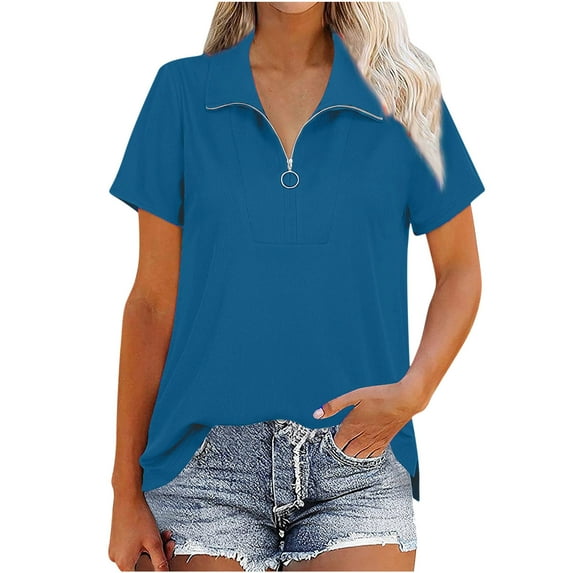 Giftesty Women Casual V-Neck Short Sleeve Solid Colour Zipper Pullover Blouse T-Shirt Tops Loose