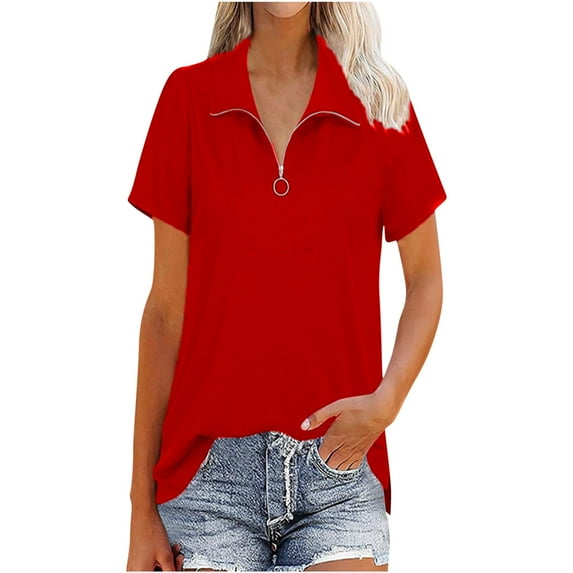 Giftesty Women Casual V-Neck Short Sleeve Solid Colour Zipper Pullover Blouse T-Shirt Tops Loose