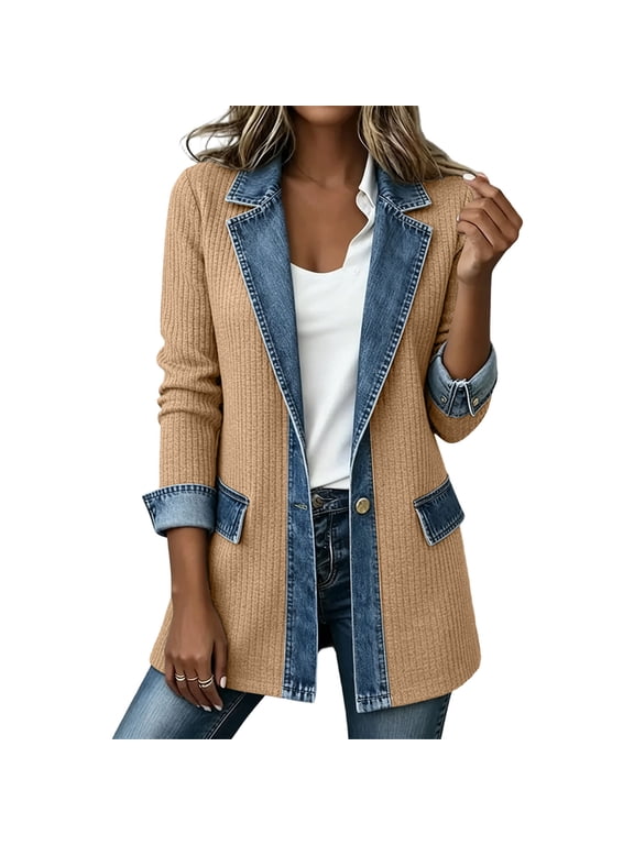 Women Denim Patchwork Lapel Rib Knit Blazer, Notched One Button Long Sleeve Loose Casual Jacket with Front Flap Pockets