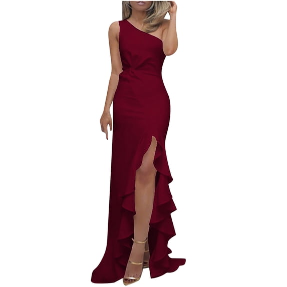 Giftesty Women Dresses Clearance Women Sleeveless Slanted Shoulder Solid Color Slit Ruffled Evening Gown Dress