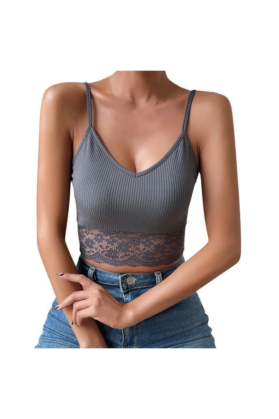 Giftesty Women Fashion lace Solid Casual Sleeveless Loose Street Tops V-Neck Camisoles Dark Gray S