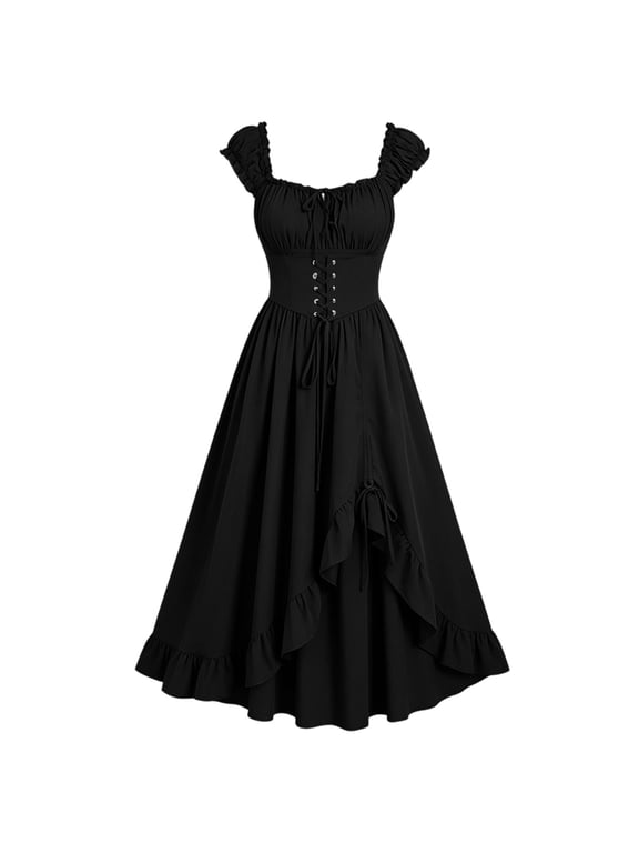 Women Gothic Renaissance Lace-Up Midi Dress, Ruffle Cap Sleeve Corset Waist Adjustable Side Slit Halloween Costume Dresses