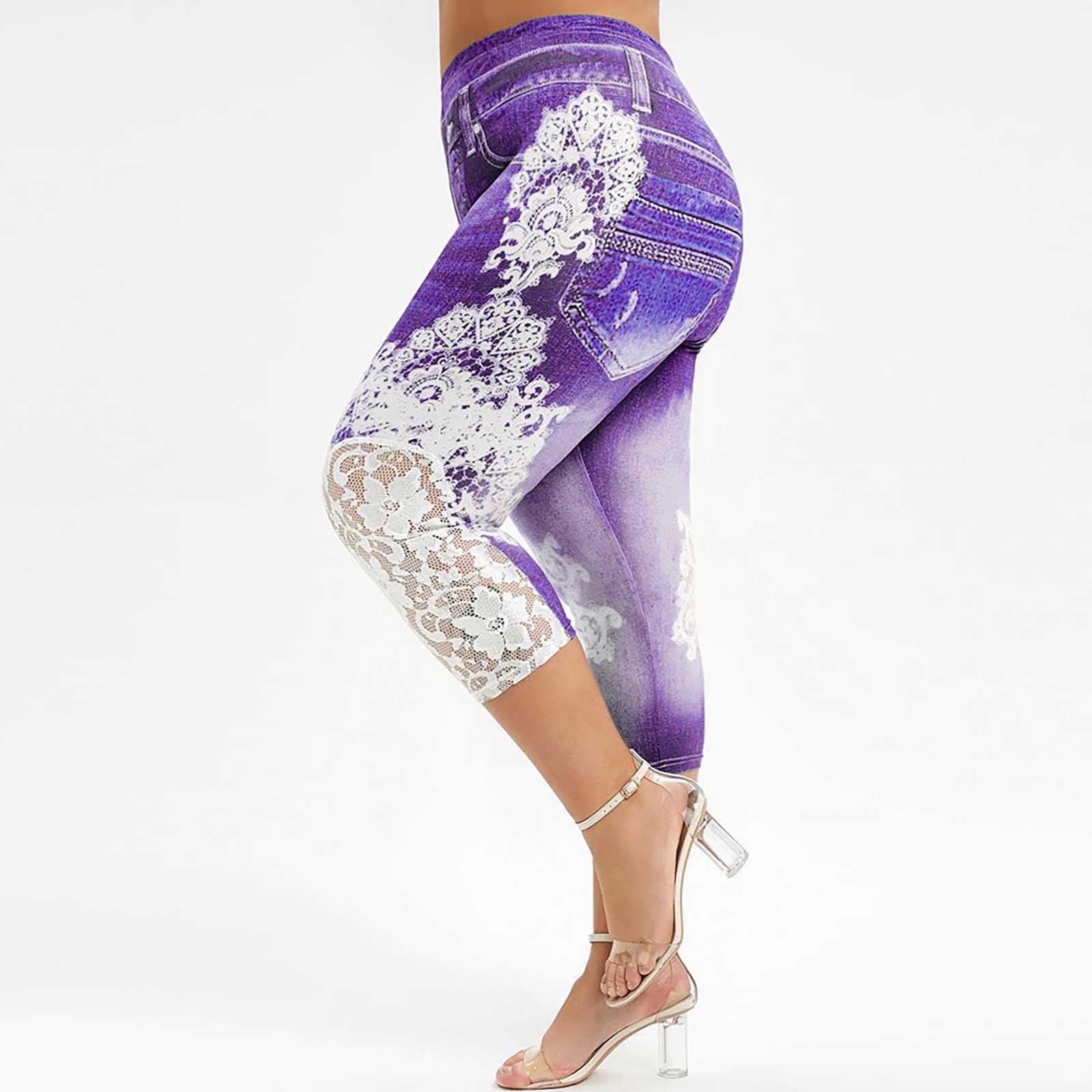 Giftesty Women Plus Size Capris Lace Printing Splice Elastic Waist Casual Fashion  Leggings Pants 