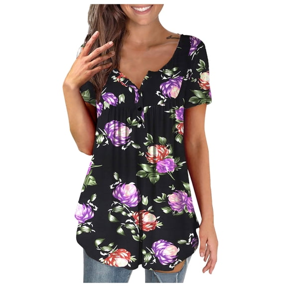 Giftesty Women Printed Casual V-Neck Short Sleeve Loose T-Shirt Blouse Tops