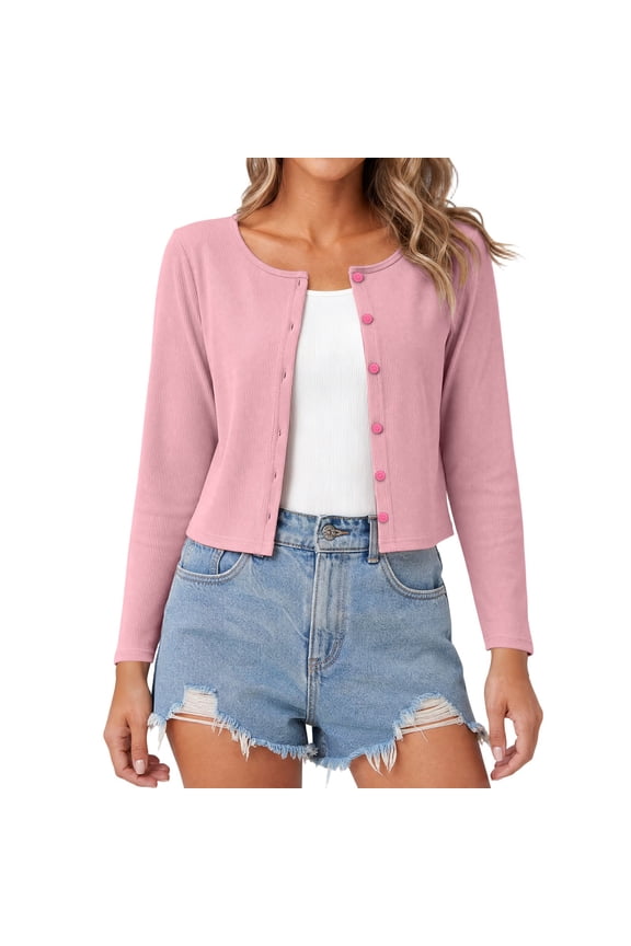 Women Ribbed Knit Cropped Cardigan, Round Neck Long Sleeve Button Front Lightweight Layering Sun Protection Shrug