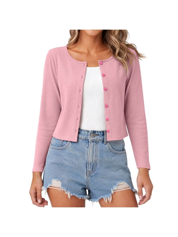 Women Ribbed Knit Cropped Cardigan, Round Neck Long Sleeve Button Front Lightweight Layering Sun Protection Shrug