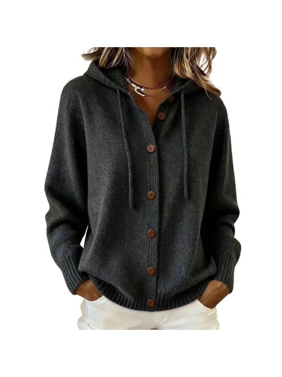 Women Button Front Hooded Knit Cardigan, Drawstring Hood Long Sleeve Loose Sweater Jacket with Side Pockets