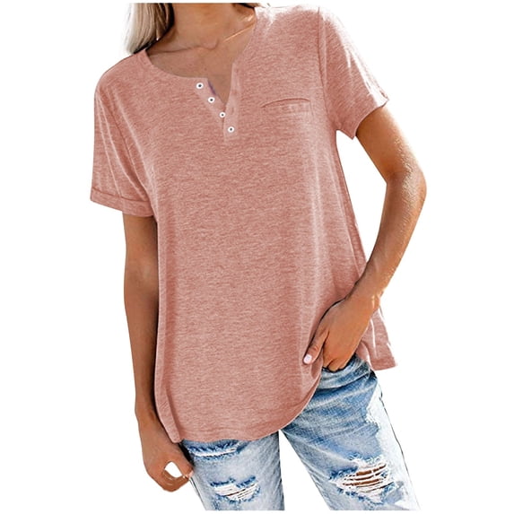 Giftesty Women Solid Color V-Neck Button T-Shirt Tops Short Sleeve Loose Blouse