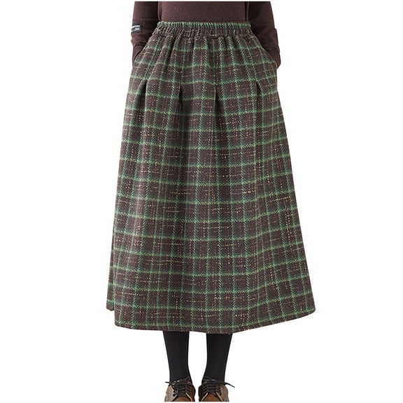 Giftesty Women's Autumn Winter Wool Blend Plaid Elastic High Waist A-Line Midi Skirt for Daily Casual Wear
