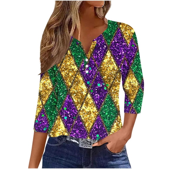 Giftesty Women's Carnival Print V Neck Button Sequin Loose 3/4 Sleeve Casual T-Shirt for Holiday Daily Wear