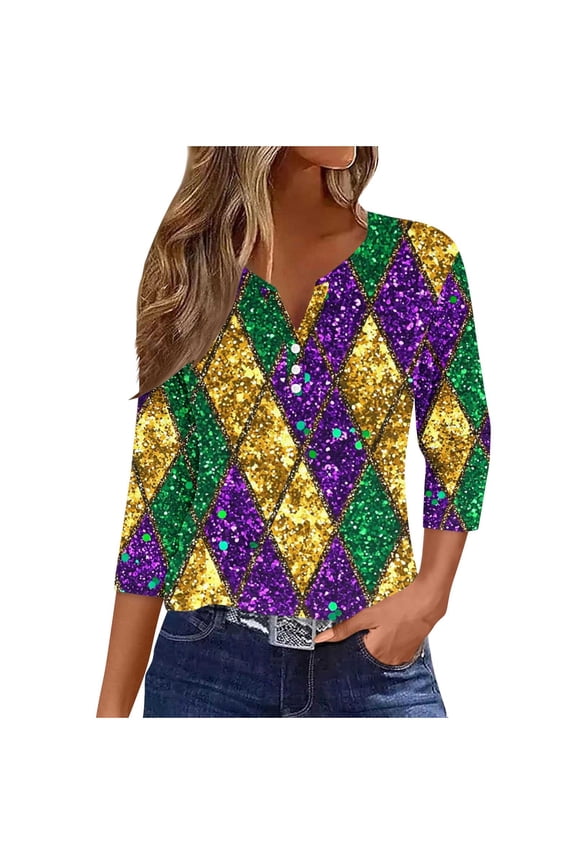 Women's Carnival Print V Neck Button Sequin Loose 3/4 Sleeve Casual T-Shirt for Holiday Daily Wear