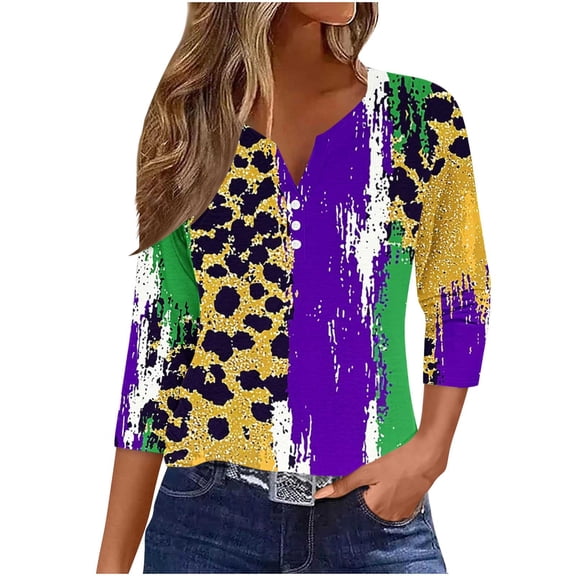 Giftesty Women's Carnival Print V Neck Button Sequin Loose 3/4 Sleeve Casual T-Shirt for Holiday Daily Wear