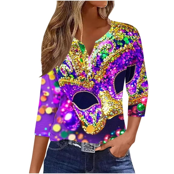 Giftesty Women's Carnival Print V Neck Button Sequin Loose 3/4 Sleeve Casual T-Shirt for Holiday Daily Wear