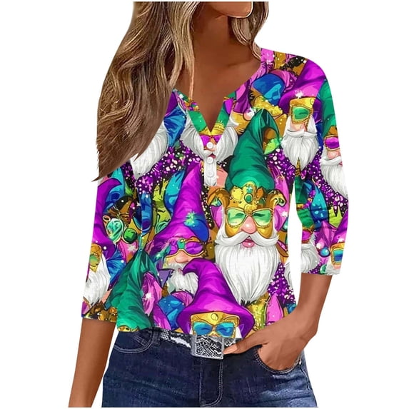 Giftesty Women's Carnival Print V Neck Button Sequin Loose 3/4 Sleeve Casual T-Shirt for Holiday Daily Wear