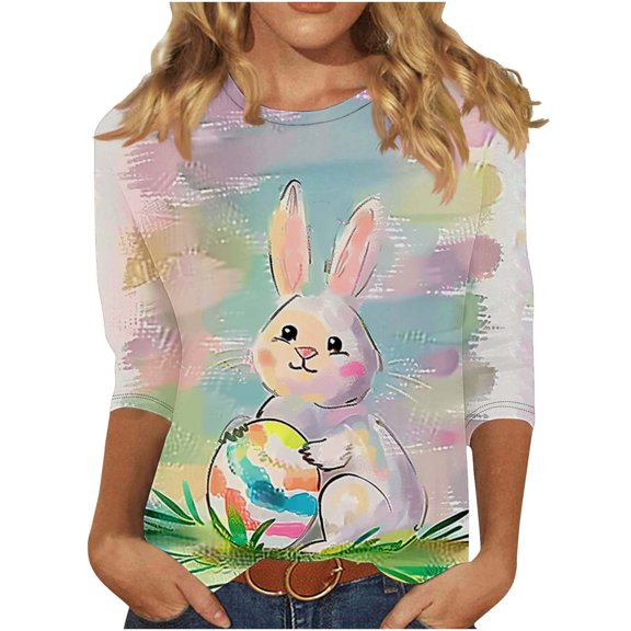 Giftesty Women's Casual 3/4 Sleeve Round Neck Pullover Top - Easter Printed Spring Blouse for Women