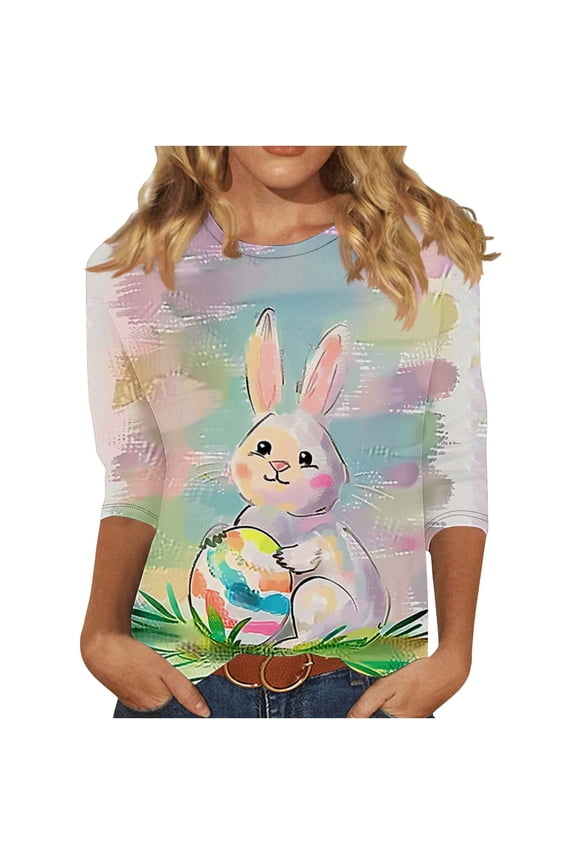 Women's Casual 3/4 Sleeve Round Neck Pullover Top - Easter Printed Spring Blouse for Women