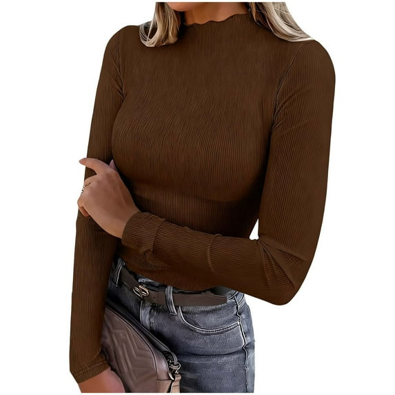 Giftesty Women's Casual Fashion Solid Color Ribbed Knit Mock Neck Ruffled Slim Fit Long Sleeve Base Layer Top for Daily Wear