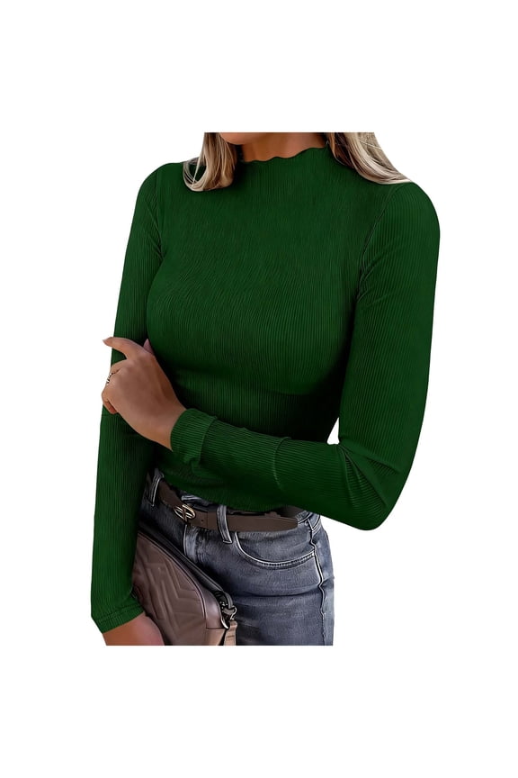 Women's Casual Fashion Solid Color Ribbed Knit Mock Neck Ruffled Slim Fit Long Sleeve Base Layer Top for Daily Wear