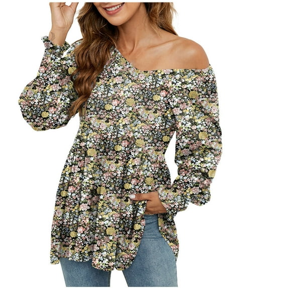 Giftesty Women's Casual Long Sleeve V-Neck Printing Puff Long Sleeve Tunic Top