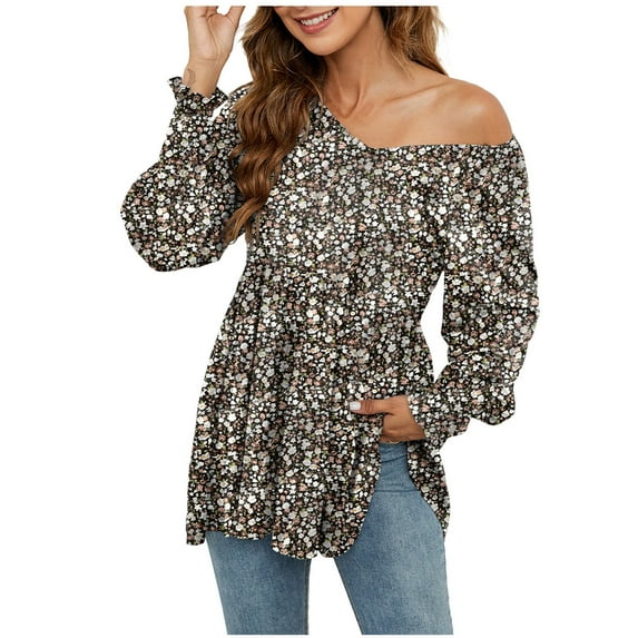 Giftesty Women's Casual Long Sleeve V-Neck Printing Puff Long Sleeve Tunic Top
