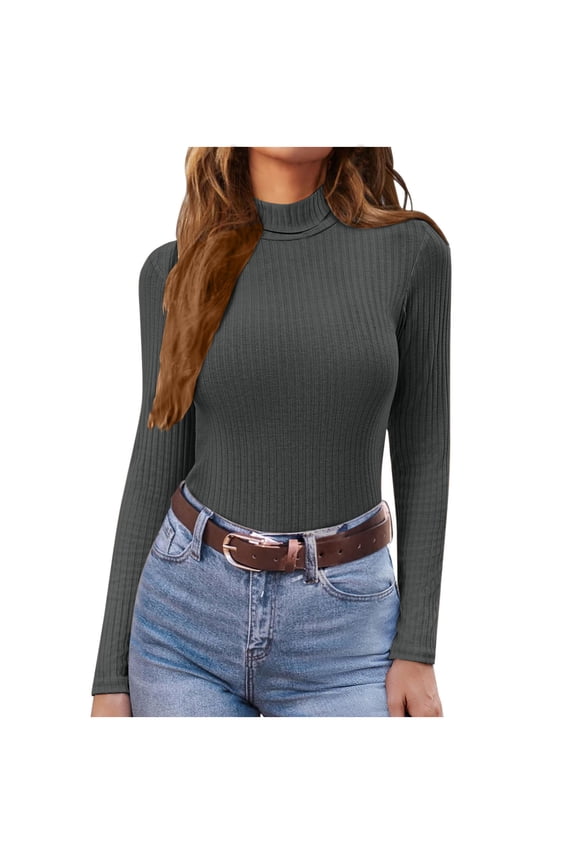 Women's Casual Solid Color Ribbed Brushed High Neck Long Sleeve Pullover Base Layer Top for Daily Wear