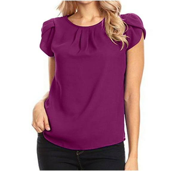 Giftesty Women's Chiffon Solid Color Short Sleeve Round Neck Casual Shirt Short Sleeve Blouse