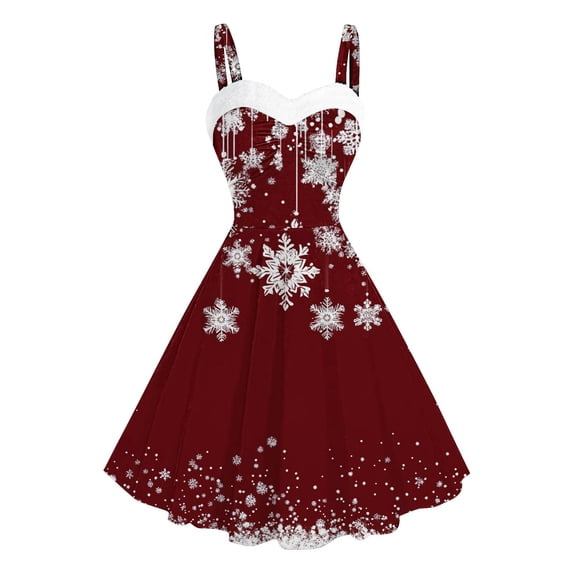 Giftesty Women's Christmas Festive Snowflake Print Vintage Spaghetti Strap Sleeveless Crew Neck Soft Lightweight Comfortable Elegant Party Dress for Holiday Gatherings Christmas Celebrations Casual