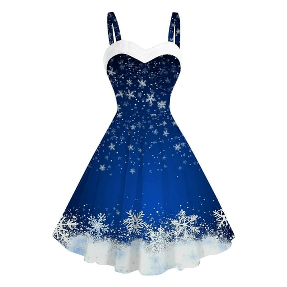 Giftesty Women's Christmas Festive Snowflake Print Vintage Spaghetti Strap Sleeveless Crew Neck Soft Lightweight Comfortable Elegant Party Dress for Holiday Gatherings Christmas Celebrations Casual