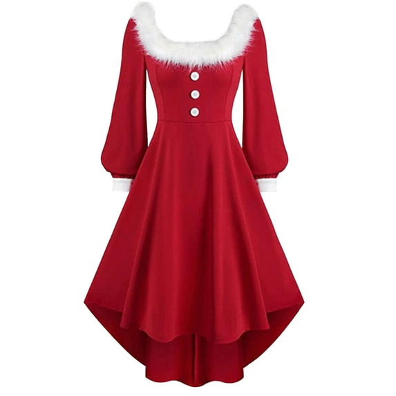 Giftesty Women's Christmas Fuzzy Princess Square Neck Red Solid Color Button Detail Long Sleeve Flared Hem Retro Soft Comfortable Formal Gown for Christmas Parties Formal Events