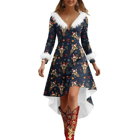 Giftesty Women's Christmas Print V-Neck Fuzzy Trim Long Sleeve Casual Festive Dress for Holiday Party Daily Wear