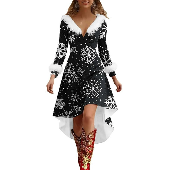 Giftesty Women's Christmas Print V-Neck Fuzzy Trim Long Sleeve Casual Festive Dress for Holiday Party Daily Wear