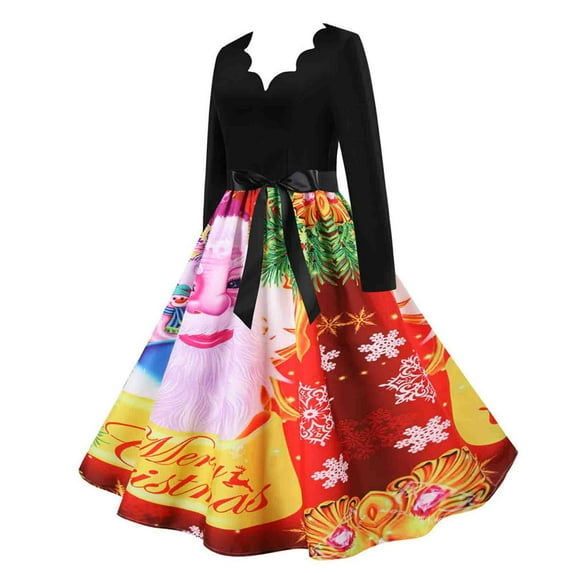 Giftesty Women's Christmas Printed Paneled Crew Neck V-Neck Long Sleeve Flared Hem Retro With Belt Soft Comfortable Dress for Christmas Parties Retro Events