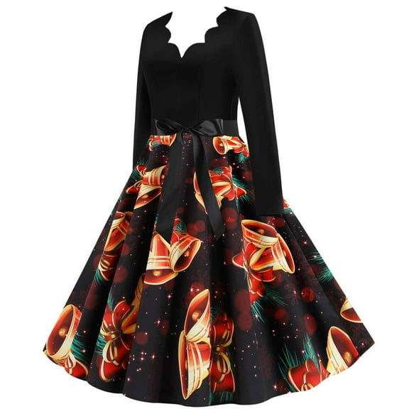 Giftesty Women's Christmas Printed Paneled Crew Neck V-Neck Long Sleeve Flared Hem Retro With Belt Soft Comfortable Dress for Christmas Parties Retro Events