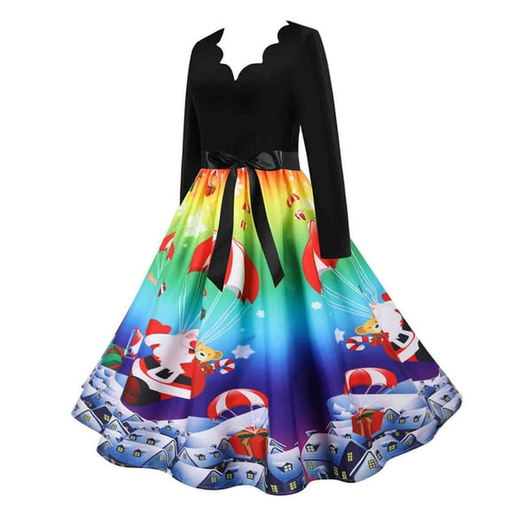 Giftesty Women's Christmas Printed Paneled Crew Neck V-Neck Long Sleeve Flared Hem Retro With Belt Soft Comfortable Dress for Christmas Parties Retro Events