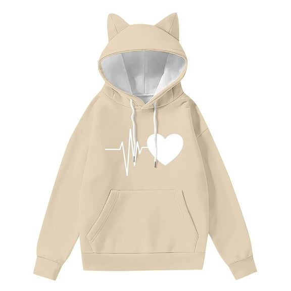 Giftesty Women's Cute Cat Ear Hooded Printed Soft Loose Fit Long Sleeve Casual Sweatshirt for Daily Wear Outings
