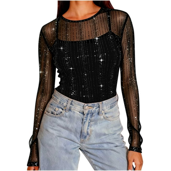 Giftesty Women's Elegant Solid Color Shiny Sheer Stretch Mesh Silver Hot Stamped Long Sleeve Crew Neck Top No Inner Camisole for Party Gathering