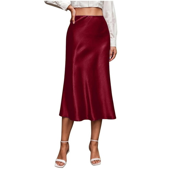 Giftesty Women's Elegant Solid Color Silk-Like Satin Side Zipper A-Line Midi Skirt for Daily Casual Wear